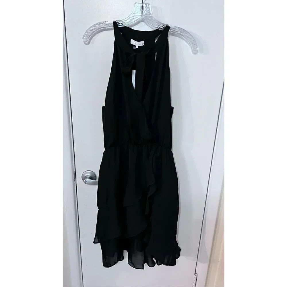 Parker Women's Diane Tie Neck Ruffle Lined Asymmetrical Dress Black Medium NWT